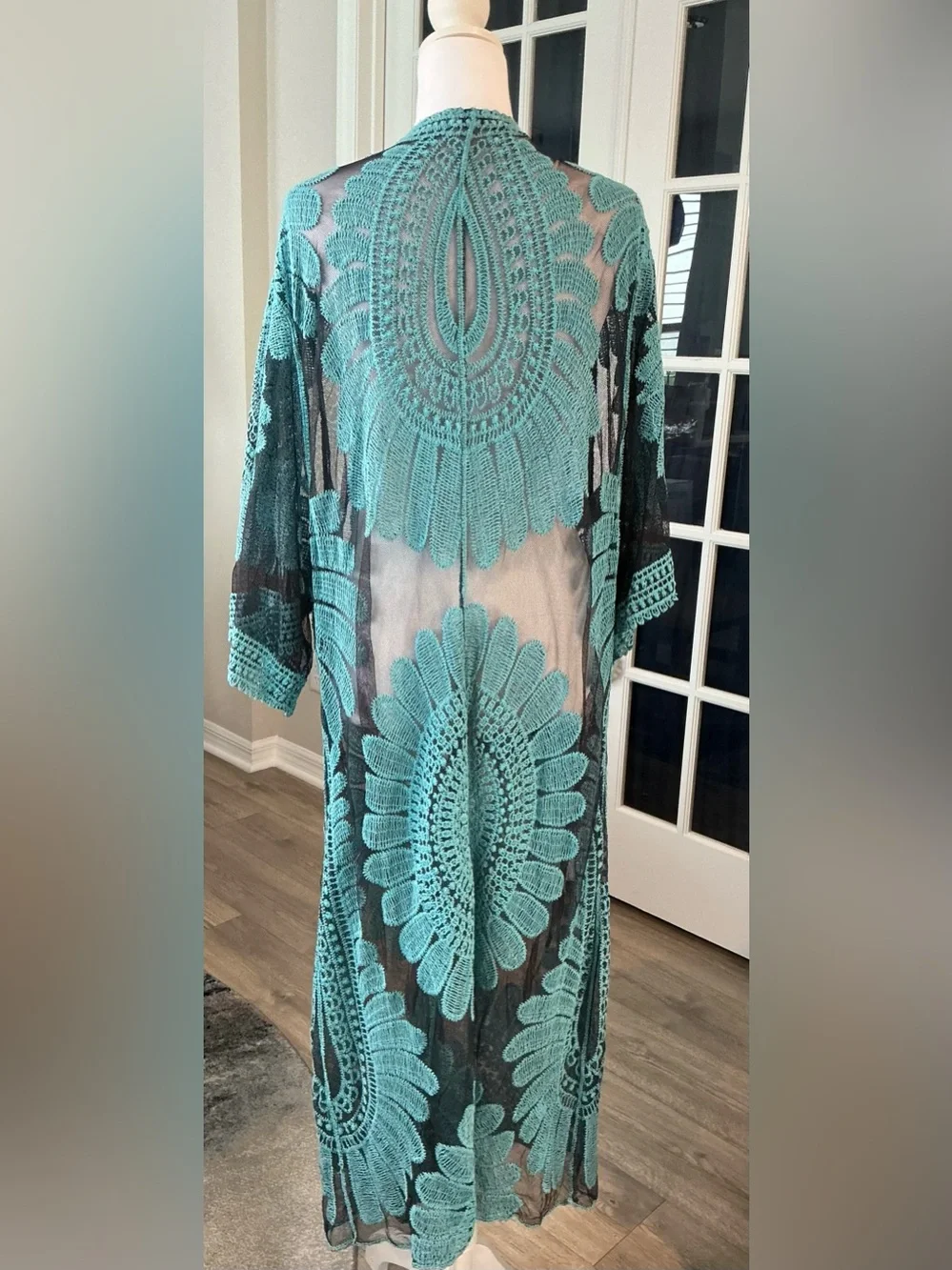 ASHA Turquoise Lace Mesh Duster Kimono Coverup Long Boho Beach Duster - One Size